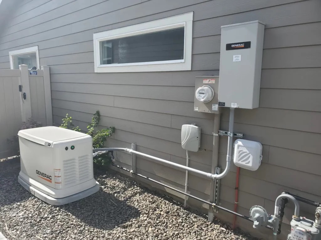 A Generac standby generator is installed next to a house, connected to an electrical panel and utility meter on the exterior wall.